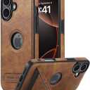 Leather Case for iPhone 16 Plus Case, Protective Slim with Kickstand Shockproof Phone Cases, Built-in Invisible Stand Compatible with iPhone 16 Plus 6.7'', Brown