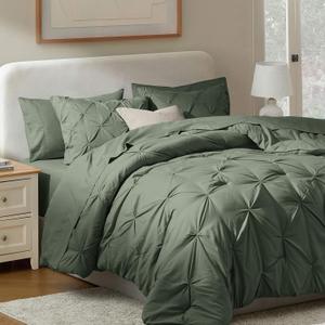 Nestl California King Comforter Set 7 Piece - Pintuck Cal King Comforter Set Olive Green, California King Bed in a Bag, All Season Bed Set with Flat Sheet and Fitted Sheet, Pillowcases and Shams