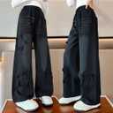 Kids Girls Jeans Washed Elastic Waist Baggy Wide Leg Jeans Size 4-14 Years (5-6 Years, Black Start)