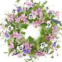 Spring Wreaths for Front Door Summer Wreath with Pansy Flower,Lamb Ear Leaves,Ivy Leaf for Indoor Outdoor Farmhouse Porch Wall Holiday Window Decoration
