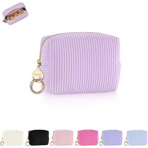 Mini Makeup Bag, Corduroy Small Cosmetic Bag for Purse with Ring Buckle, Portable Travel Makeup Pouch for Lipsticks, Chapsticks, Coin, Earphone, Credit Card (Purple)