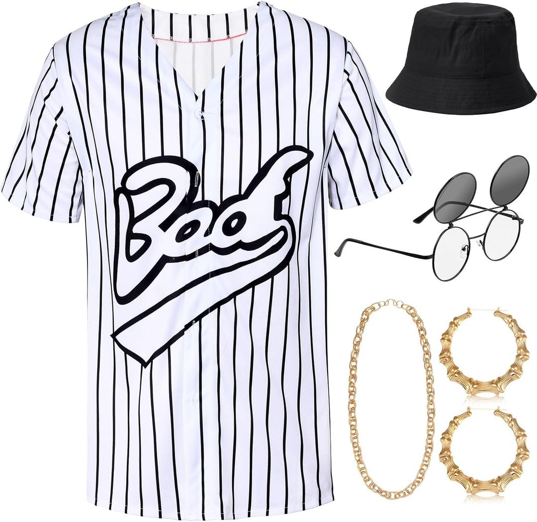 Jiuguva 80s 90s Outfit for Women Hip Hop Costume Baseball Jersey Shirt Bucket Hat Glasses Rapper Halloween Accessories (Large)