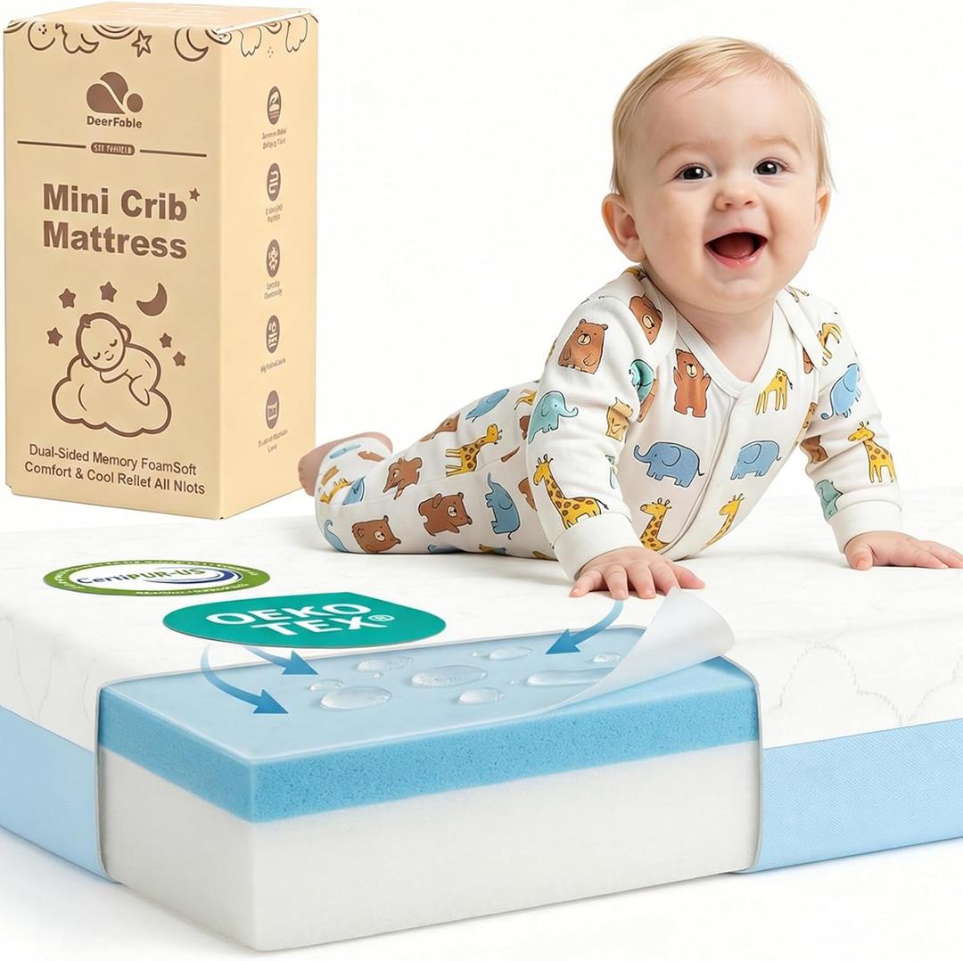 Dual Sided Pack and Play Mattress, 3 Inch Thick Soft & Firm Memory Foam Breathable Portable Pack n Play Mattresses, 4 in1 Baby Playpen Mattresses with Removable Washable Cover - 38x26x3 Inch (White & Blue)