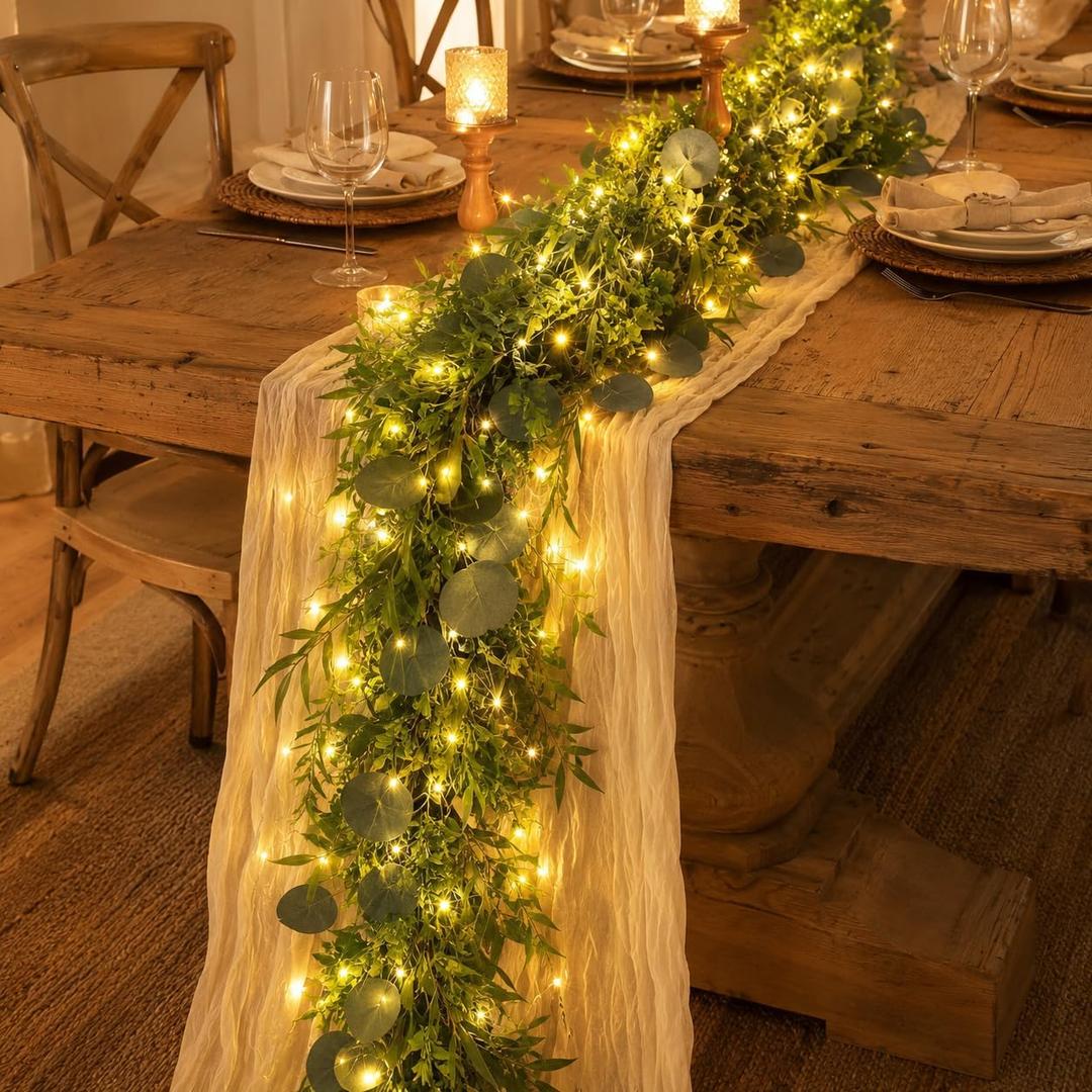 Garland with Lights, Garland for Mantle, Lighted Eucalyptus Garland, Medium