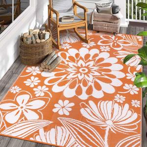 Ileading Outdoor Plastic Straw Rug 6x9ft Funny Floral Style Reversible Patio Area Rugs Waterproof Non Shedding Portable Carpets for Rv Outside Deck Pool Beach Picnic Camping (Orange) (6' x 9' (Rectangular), Floral Orange)