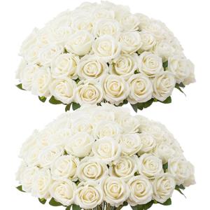 50 PCS Fake White Roses, Artificial White Flowers Bulk Realistic Silk Faux Roses with Stems for Wedding Decorations Table Centerpieces Bridal Bouquet DIY Floral Arrangement Event Party Home Decor
