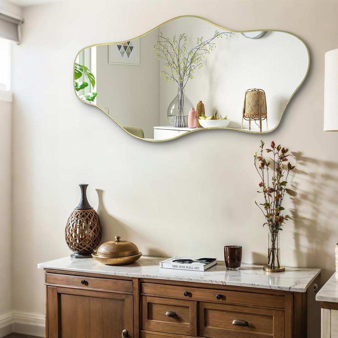 Gold Irregular Wall Mirror, 35.8"x17.7" Asymmetrical Tempered Glass Mirror, Modern Abstract Frameless Cloud Mirrors for Living Room Bedroom Entryway, Horizontal or Vertical Hanging