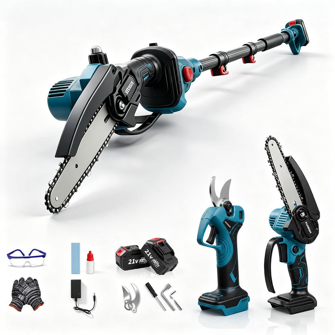 Cordless Electric Pole Saw & Pruning Shears Kit, 4-in-1 Tree Trimming Tool with 7FT Extendable Pole, 6 Inch Branch Cutter, 2×4.0Ah Battery Powered Pruner for Garden Orchard Yard