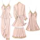 SAPJON Womens Pajama Sets 5PCS Silk Pajamas for women Cute Sleepwear Loungewear Satin Pajamas Sets for Women Soft (Large, Pink)