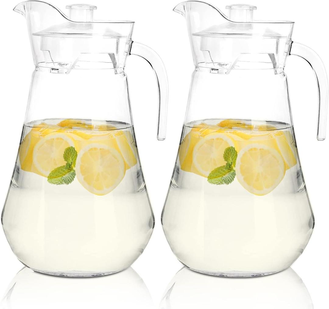 SOUJOY 2 Pack Plastic Pitcher, 2L Clear Iced Water Jug with Lid and Handle, Heat Resistant BPA-Free Tea Pitcher for Lemonade, Juice, Milk, Cold or Hot Beverage