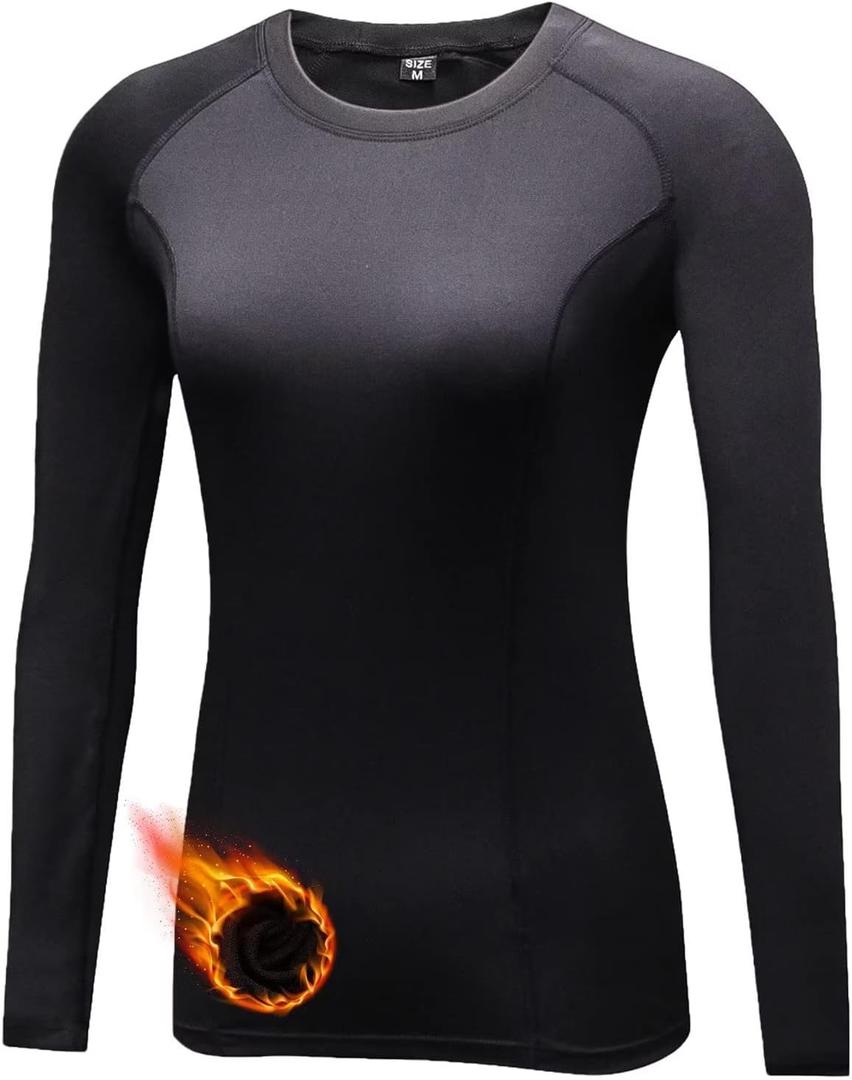 Women Thermal Top Thumbholes Fleece Ski Base Layer UPF 50+ Long Sleeve Compression Shirts Running,Warm,Quick Dry (X-Small, 21-black-fleece)