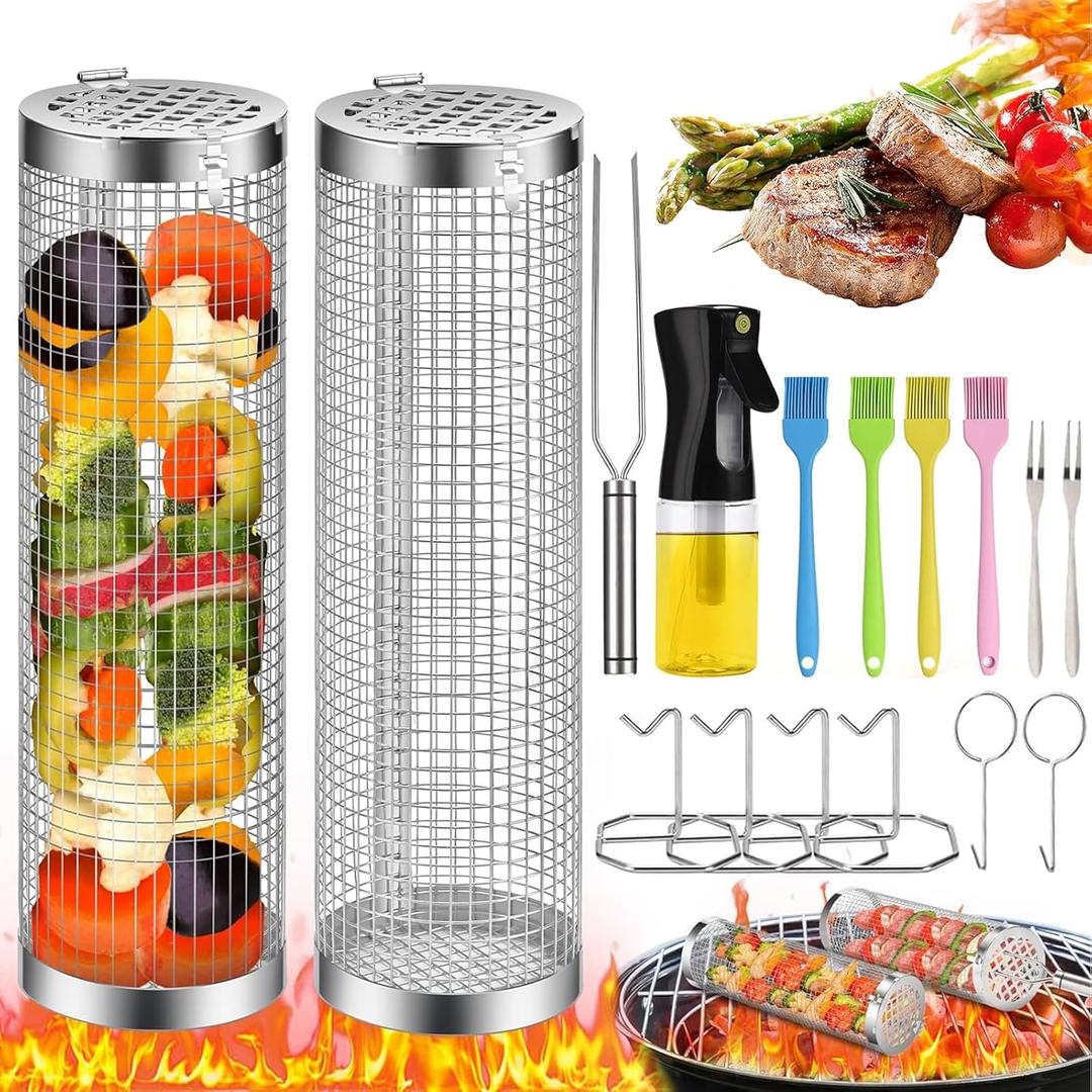 Rolling Grilling Basket, 2 PCS BBQ Grill Basket Stainless Steel Grill Mesh with Grilling Accessories, Portable Outdoor Camping BBQ Grill Nets Cylinder for Fish, Shrimp, Vegetables, Meat