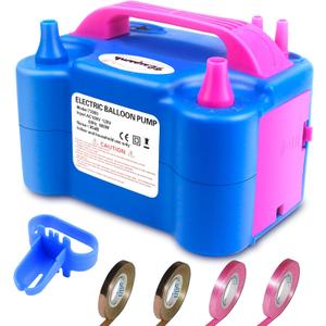 FLSEPAMB Balloon Pump, Electric Balloon Pump, Portable Dual Nozzle 110V 600W Electric Balloon Blower, Balloon Pump for Party Decorations with Tying Tool, Colored Ribbons (Blue)