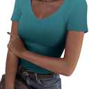 Roselux Women V Neck Ribbed Fitted Tight Tshirt Short Sleeve Shirt Basic Knit Top XL