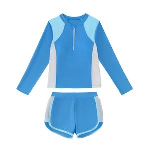 Mioglrie Girls Bathing Suits Size 7-8 Kids Swimsuits Girls Zipper Long Sleeve Swimsuit Blue Beach 2 Piece Swim Suit Shorts Set (Blue)