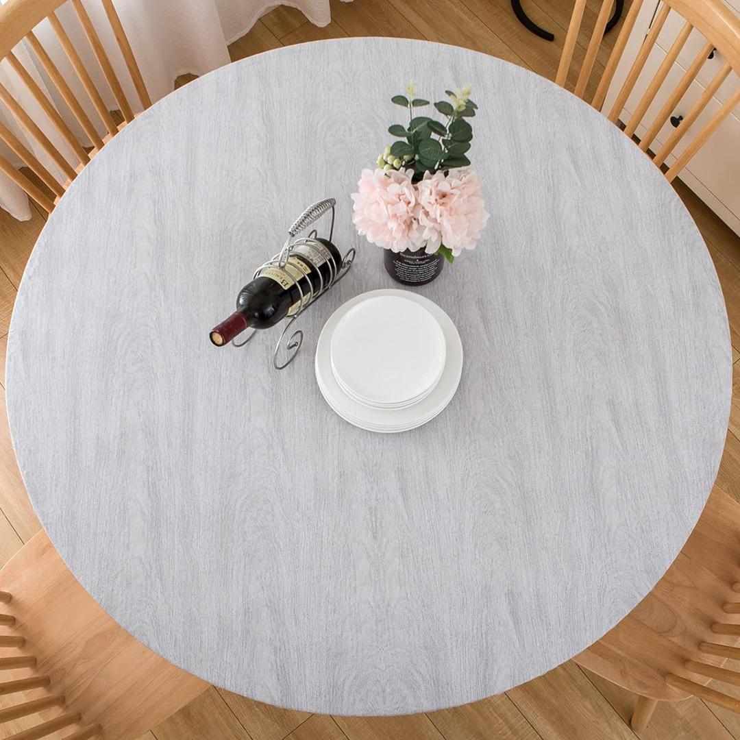 Round Vinyl Fitted Tablecloth, Waterproof Elastic Table Covers Wipeable Flannel Backed Tablecloths for Picnic Camping Indoor and Outdoor (Light Gray Wood, Fits 45" to 56" Diameter Tables)