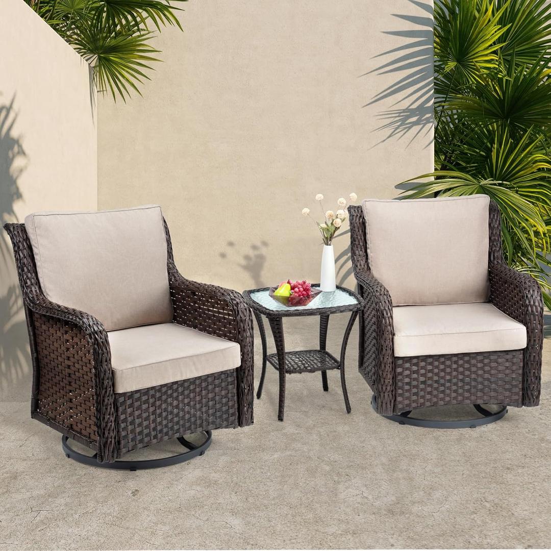 Towallmark Outdoor Swivel Wicker Glider Patio Chairs with Table Set, 3 Pieces Outdoor Bistro Set with 4Thick Cushions and Coffee Table for Porch, Balcony, Deck (Beige)
