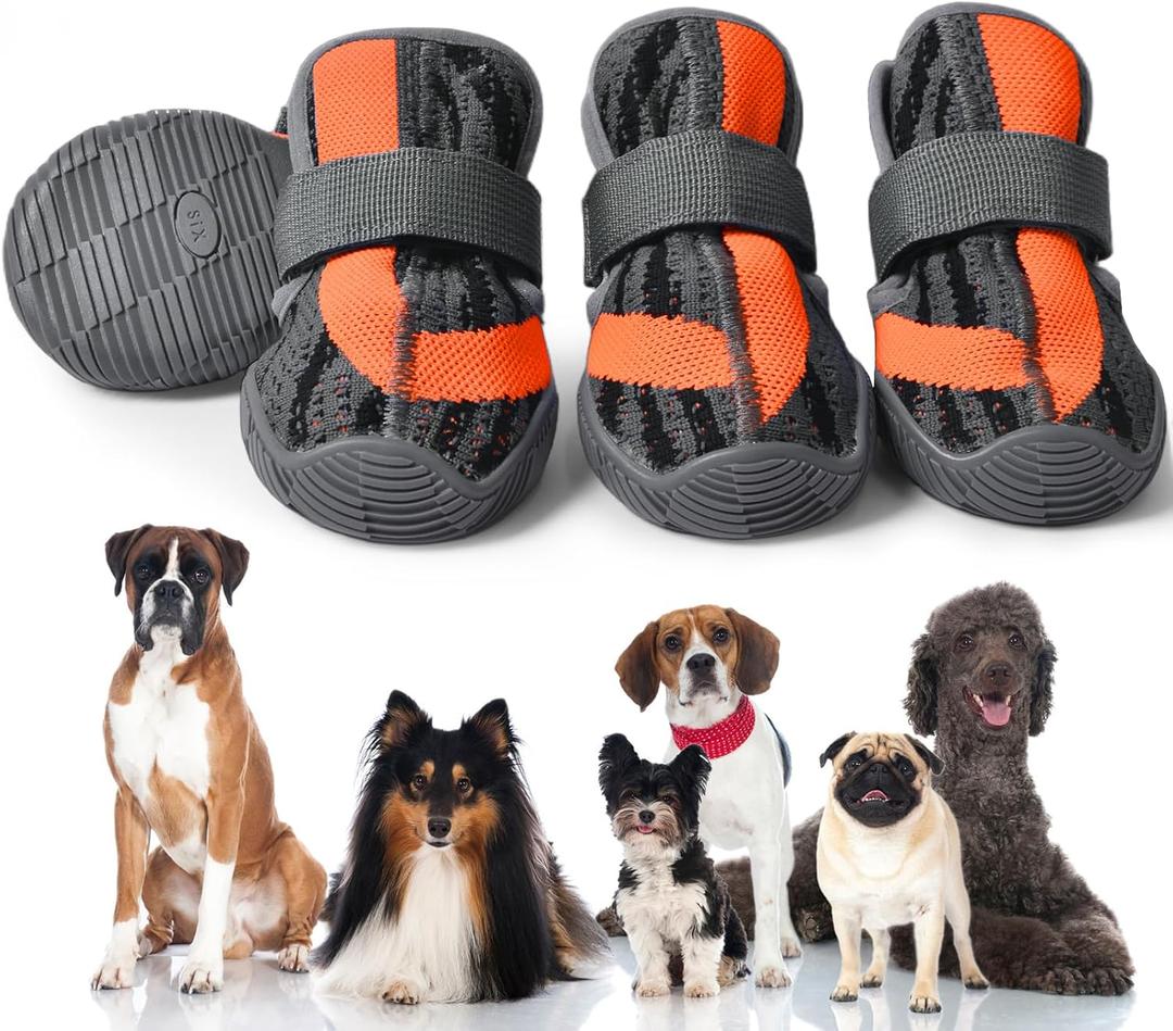 Dog Shoes,Mesh Breathable Dog Boots for Walking Running Hiking,Soft Non-Slip Rugged Rubber Sole Dog Booties with Adjustable Straps 4Pcs,Orange-Size8