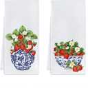 Chinoiserie Strawberry Kitchen Towels, Blue and White Porcelain Strawberry Dish Tea Towels, Grandmillennial Strawberries Fruit Hand Towel for Bathroom Kitchen, 16x24 Inch Set of 2
