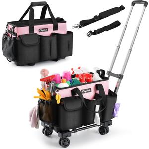 Rolling Cleaning Caddy, Cleaning Supplies Organizer with Trolley, Wearable Cleaning Tote Bag on Wheels with Hard Bottom, Cleaning Carts for Housekeepers/Home/Car/Office/Picnic (Pink)