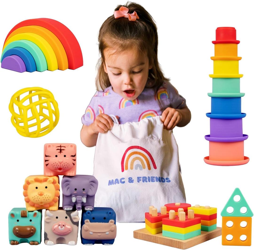 Mac & Friends 5-in-1 Montessori Toy Set Designed by Parents | Great Gift for Baby Shower, New Sibling or Birthday Party | Educational Soft Sensory Toys for 0 Months to 3+ Years
