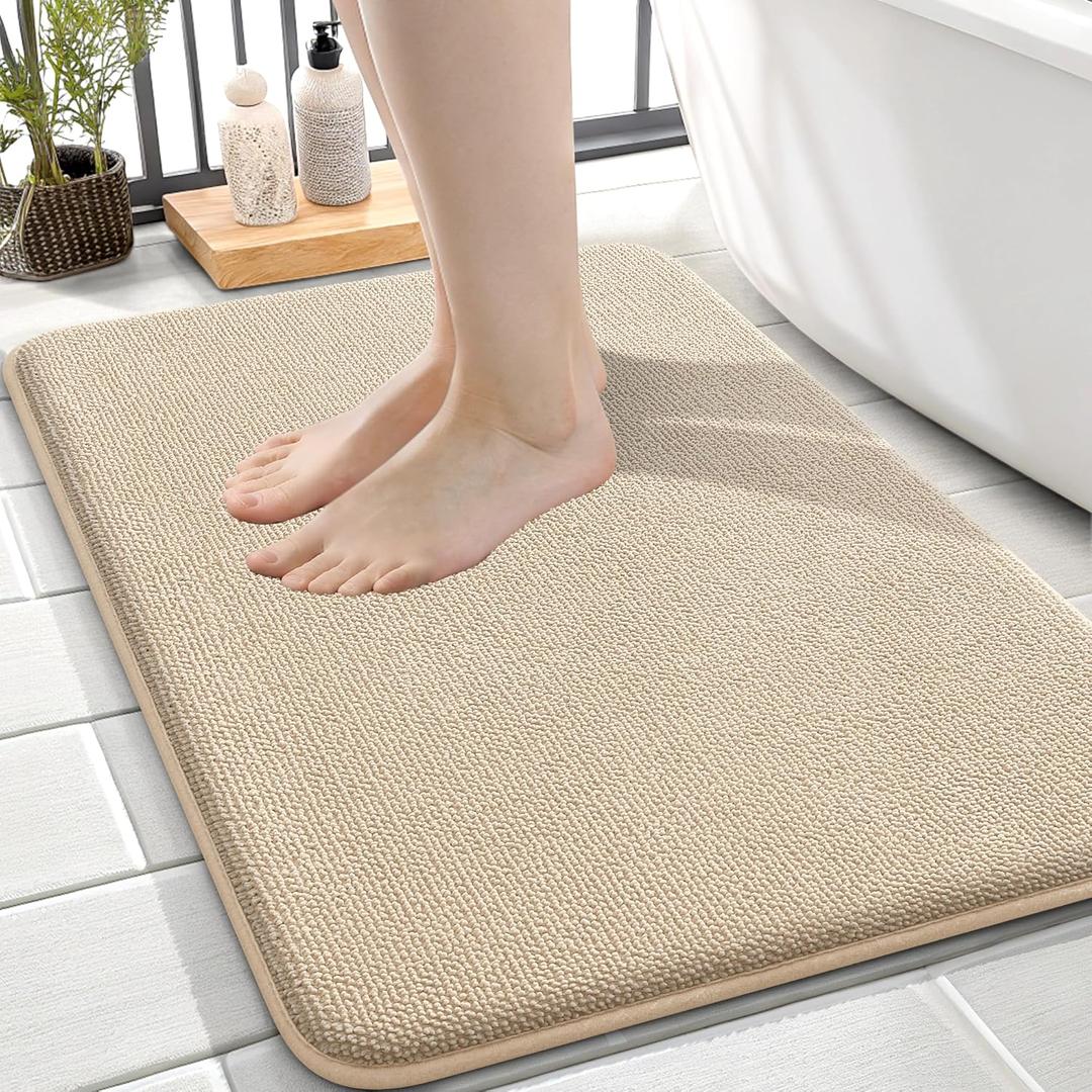 OLANLY Thick Memory Foam Bath Mat Rug 24x16, Extra Soft Absorbent Bathroom Rug, Quick Dry Bath Mats, Non-Slip, Machine Washable Carpet for Bathroom, Tub and Shower, Home Decor Accessories, Beige