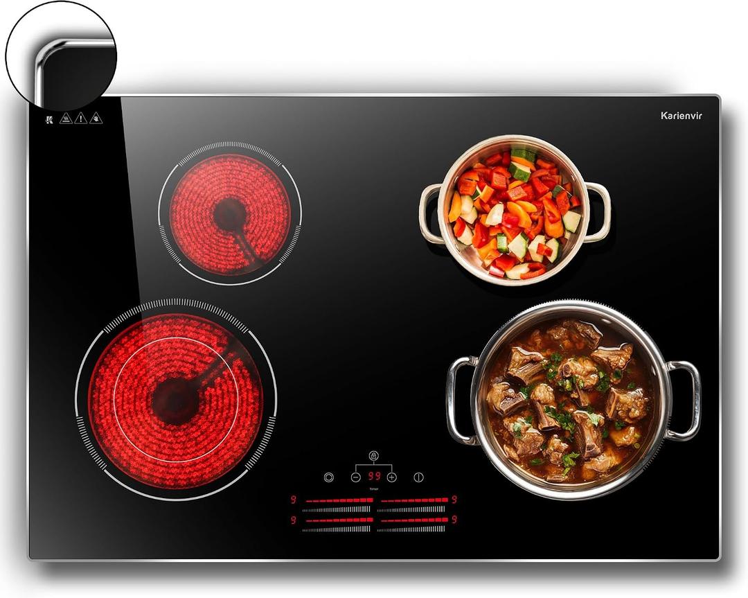 30 Inch Electric Cooktop Karienvir, 7100W Electric Stove 4 Burners, 30" Cooktop Built in with Glass Protection Metal Frame, Safety Locks & Timers, 240V Hard Wire (No Plug)