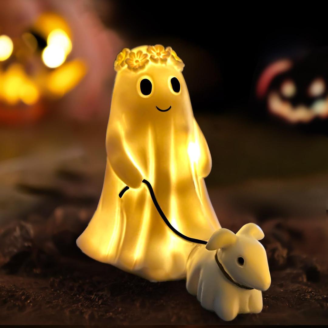 Display Statue Nightlight Ghost Walking Dog, Warm Lighted Indoor Figurine Lamps, Halloween Decors Spooky Dog Light, Cute Decorations for Party, Home, Bedroom, Shelf, Table Centerpiece (Girl)