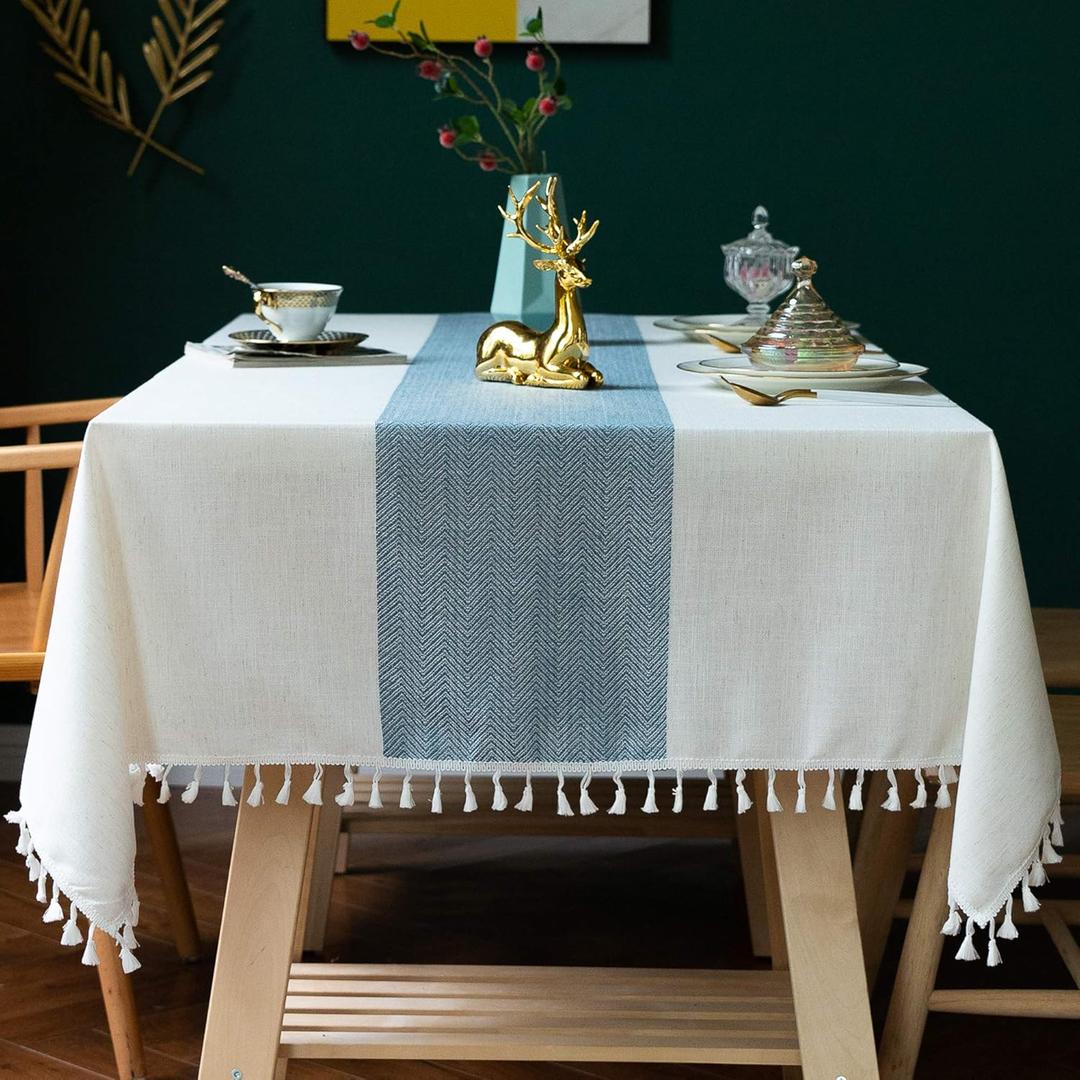 Oubonun Tablecloths for Rectangle Tables, Cotton Linen Waterproof Farmhouse Table Cloth with Boho Tassels  Wrinkle Free, Wipeable & Washable for Kitchen & Dining, 55''x86'', 6-8 Seats (Beigeblue Stripe)