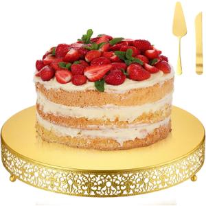 Wenqik 16 Inch Gold Cake Stand Set Metal Round Cupcake Dessert Stand with Cake Cutting, Spatula Wedding Cupcake Pastry Display Candy Holder Display for Wedding Party Birthday Baby Shower(Classic)