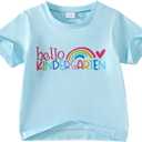 Toddler Girl Back to School Outfit Hello Kindergarten Short Sleeve T-Shirt First Day of School Tops (Blue)