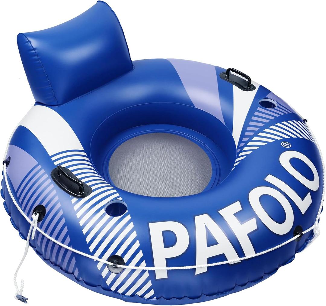 Pool Float Adult, Inflatable River Tube Float, River Tubes for Floating Heavy Duty with Mesh Bottom, Comfortable Backrest & 2 Cup Holders & Durable Grab Handles,450 lbs Weight Capacity (Blue and Grey)