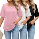 Huukeay 3 Pack Women's Half Sleeve T-Shirts, Crew Neck Elbow Length Tops Loose Casual Basic Tees Summer Cotton Tunic Tops, Size L