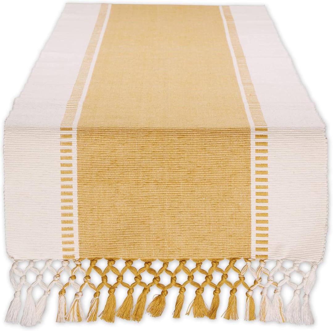 DII Dobby Stripe Woven Table Runner, 13x108 (13x113.5, Fringe Included), Honey Gold