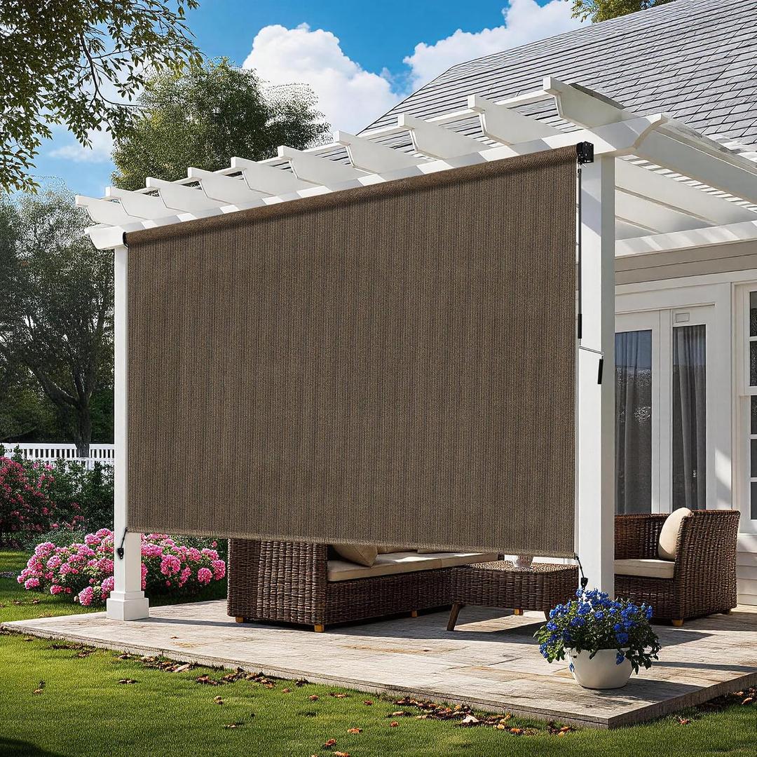Outdoor Roller Shades for Patio 6'Wx8'H Mocha, 90% UV Block & Privacy Protection Outdoor Blinds, Cordless Porch Shades Outdoor Roll Up with Splicing Design 15-Min Install, 72"W x 96"H