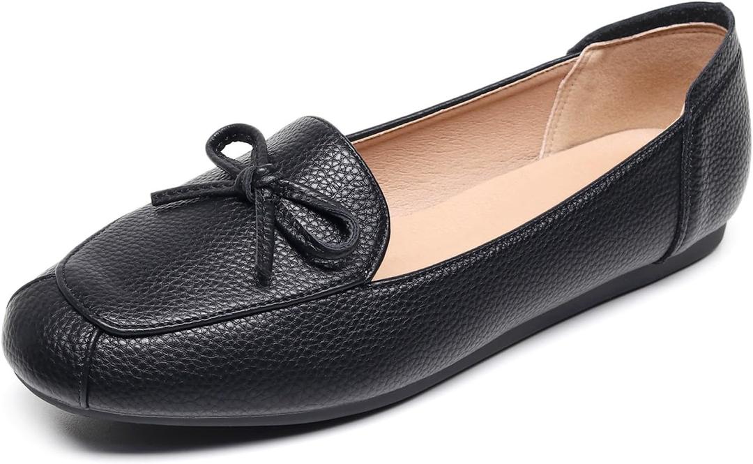 VenusCelia Women's Bowknot Wide Flat Shoe, Size 8 Wide (Black Pu)