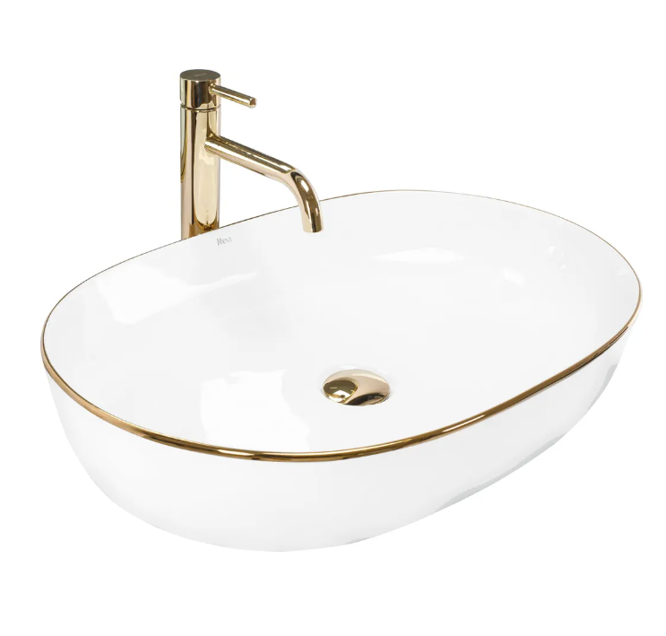 MEJE(18 × 12.7 x 5.3 inch)LUXURY GOLD rim Oval Vessel, Above Counter Bathroom Sink, Porcelain Ceramic Vessel Vanity Sink, Art Basin (White&Gold)