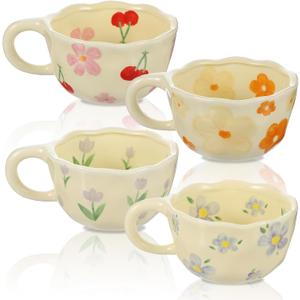 4 Styles Cute Ceramic Flower Coffee Mug Set 8.5 oz Vintage Aesthetic Porcelain Floral Tea Coffee Cup with Handle Dishwasher Microwave Safe for Thanksgiving Christmas Gifts for Women Gifts