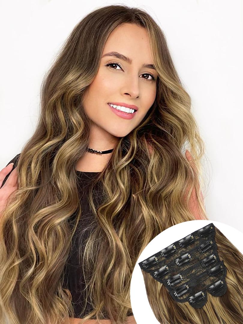 ALXNAN Clip in Hair Extension, 6PCS Mixed Brown & Blonde Long Wavy Hair Extension 24 Inch Thick Soft Synthetic Hair Double Weft Hairpieces for Women