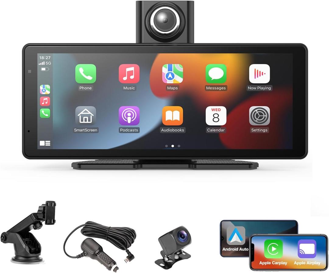 EVERSECU Carplay & Android Auto with Dash Cam - 8.1" HD IPS Touch Car Play Screen for Car, 4K Front & 1080P Rear Camera, Loop Recording, Bluetooth Audio, Mirror Link, GPS