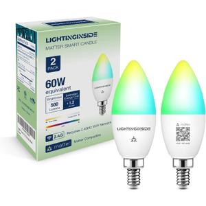 Matter Candelabra Smart Light Bulbs 60W Equivalent, 500LM 6W E12 LED Bulb Compatible with Alexa/Siri/Apple Home/Google Home/SmartThings, RGBCW Candle Bulb, 2.4G WiFi, ETL Listed, 2PCS (2 PACK-Candle)