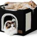 Bedsure Cat Beds for Indoor Cats - Large Cat Cave for Pet Cat House with Fluffy Ball Hanging and Scratch Pad, Foldable Cat Hideaway, 16.5x16.5x13 inches, Black (Single)
