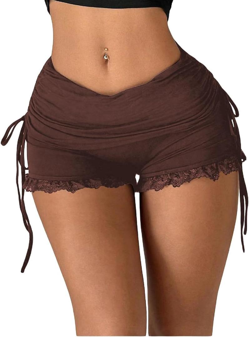 WDIRARA Women's Side Drawstring Ruched Lace Shorts Low Rise Stretchy Going Out Mini Shorts (X-Large, Coffee Brown)