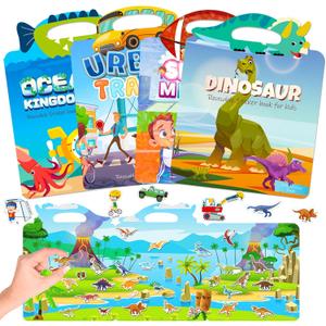 4 Set Reusable Sticker Book for Toddler Age 3-4, Quiet Sticker Books, Activity Books for Kids Ages 2+ Boy Girl Birthday Gifts