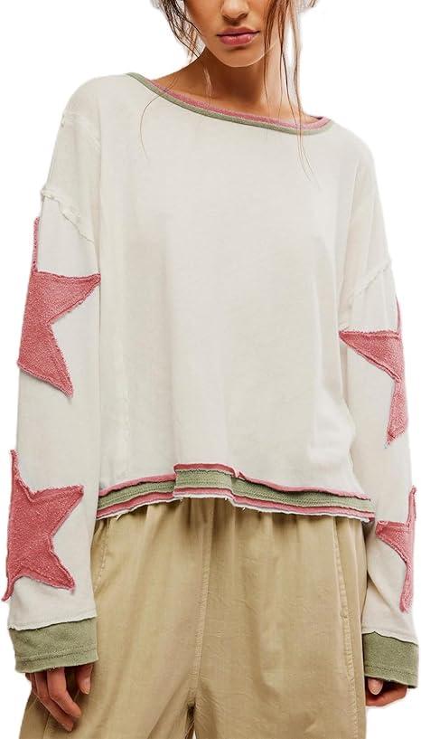 Y2k Oversized Sweatshirt for Women Crewneck Graphic Sweatshirts Long Sleeve Drop Shoulder Preppy Shirts Pullover Tops (L)