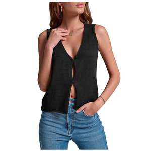Crochet Tank Tops for Women - Open Front Sleeveless Summer Vest with Hidden Buttons Size Medium, Black 