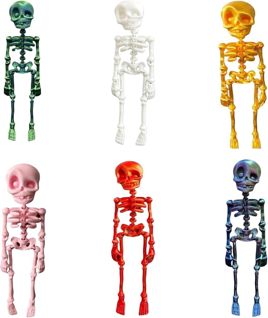 3D Printed Poseable Skeleton & Skull Magnets with Movable Joints | Halloween Refrigerator Magnets | 6-Color Set (6 Pack) for Fridge, Kitchen, Office
