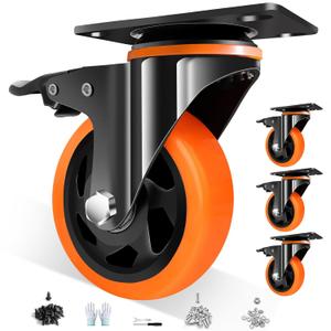 5 Inch Caster Wheels with Safety Brake 2400Lbs, Heavy Duty Casters Set of 4, Industrial Swivel Casters with Double Ball Bearings, Polyurethane No Noise Wheels for Cart,Furniture(Hardware Include)
