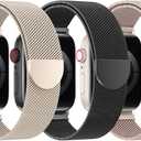 BELONGME 3 Pack Mesh Loop Compatible with Apple Watch Bands for Women Men 40mm 41mm 38mm 42mm 44mm 45mm 49mm 46mm Series 11 10 9 8 7 6 5 4 Ultra3 SE3 2, Stainless Steel Metal Magnetic Strap for iWatch (Starlight+Black+Rose Gold)