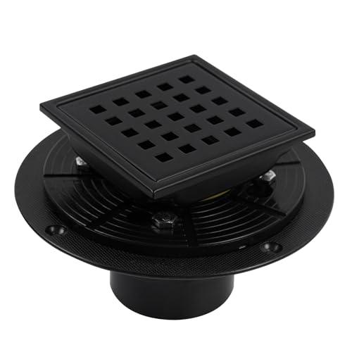 Heaorld Square Shower Drain 4 Inch with Flange, Matte Black Tile Shower Floor Drain Kit 304 Stainless Steel, Removable Grid Grate and Hair Catcher